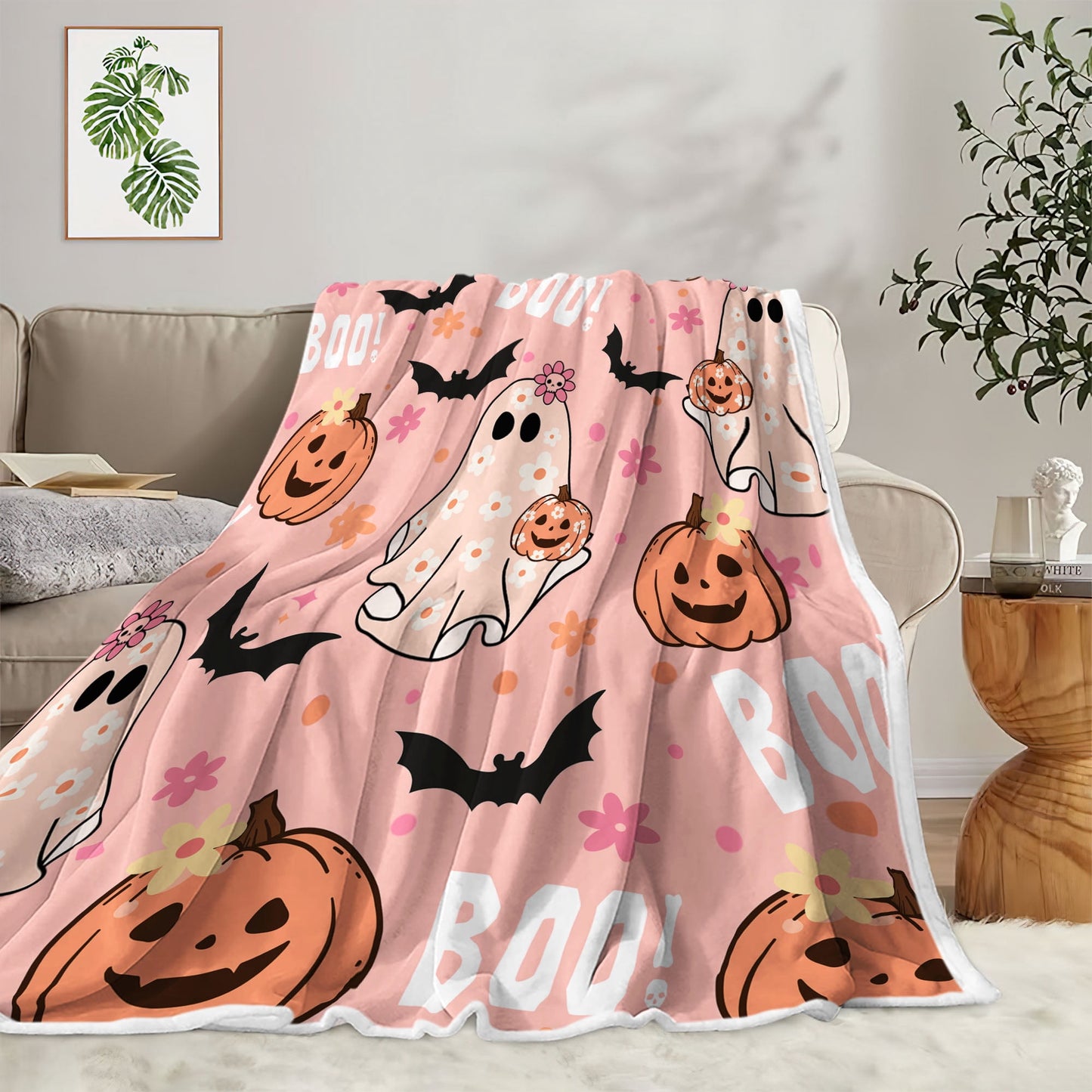 Halloween Throw Blanket, Pink Cute Spooky Ghost Pumpkin Bat Cozy Soft Blanket, Funny Pink Halloween Boo Flannel Baby Throw and Blankets Couch Sofa Bed Decor 50X60IN