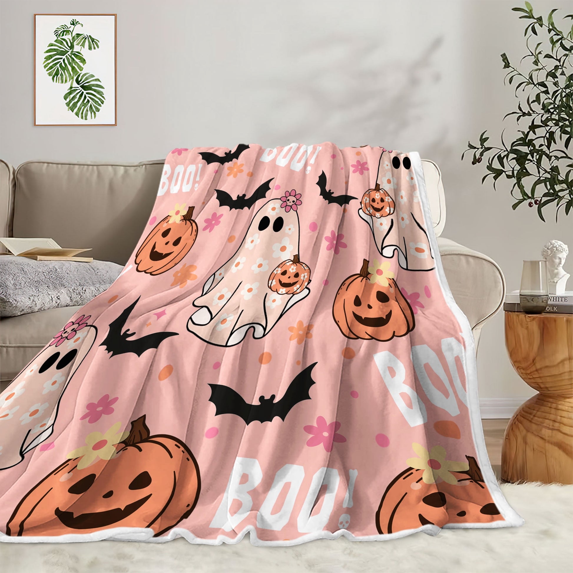 Halloween Throw Blanket, Pink Cute Spooky Ghost Pumpkin Bat Cozy Soft Blanket, Funny Pink Halloween Boo Flannel Baby Throw and Blankets Couch Sofa Bed Decor 50X60IN