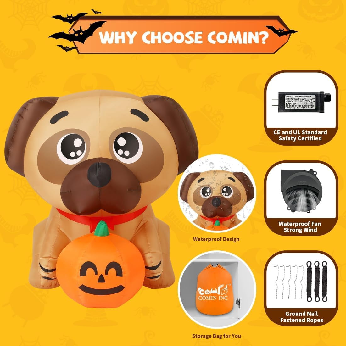 COMIN 5 FT Halloween Inflatables Dog Outdoor Yard Decorations Blow Up Pug Holding Pumpkin with Built-in LEDs for Indoor Party Garden Lawn Decor
