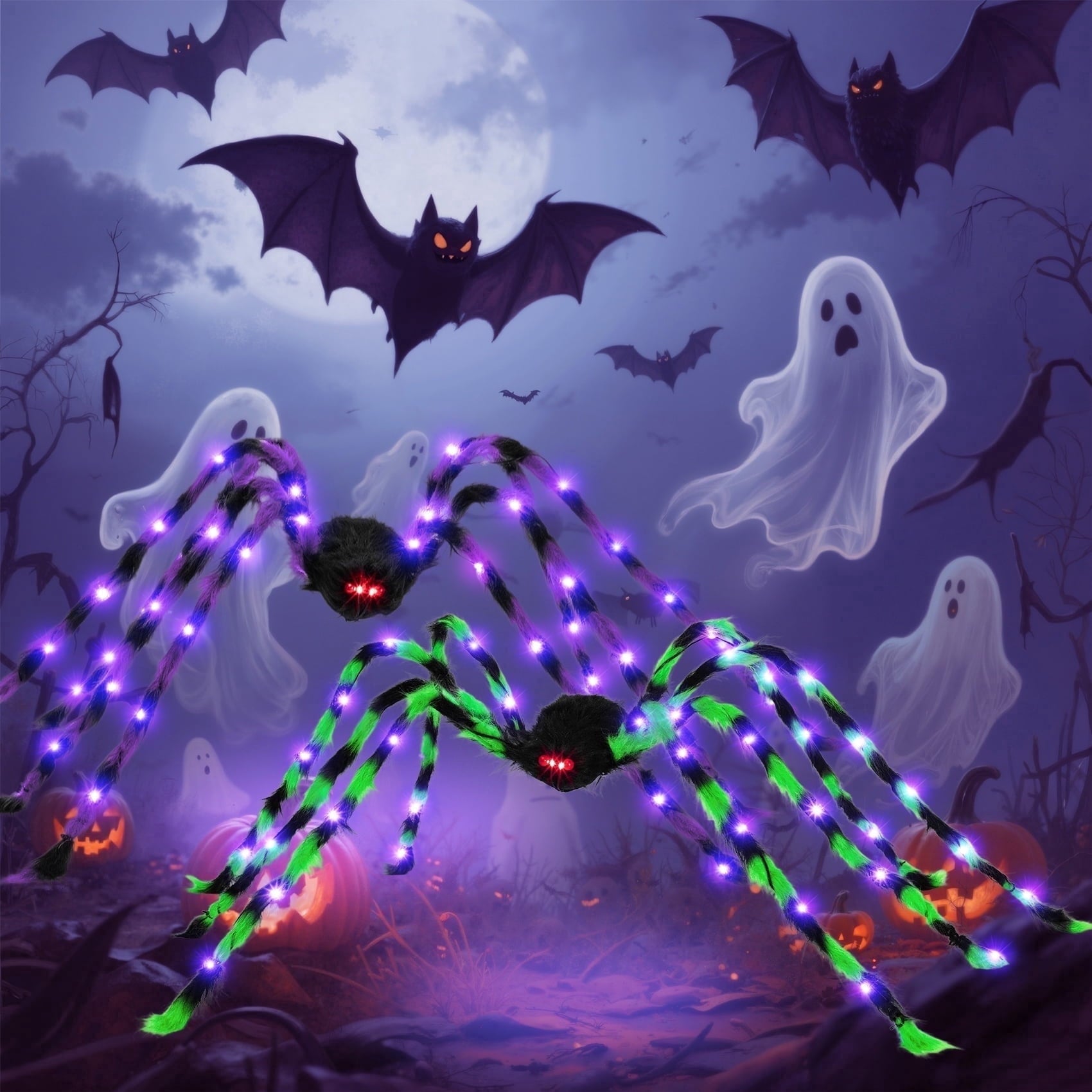Zsiparty Halloween Decorations Outdoor, 5Ft Giant Spider Light Up Spider, 2 Pack Scary Large Halloween Spider Decor for Home Party Favor Yard Decor