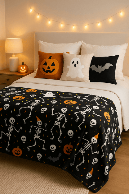 The Big One Plush Halloween Throw Blanket, Party Skeletons Design, Black Cozy 60" x 72"