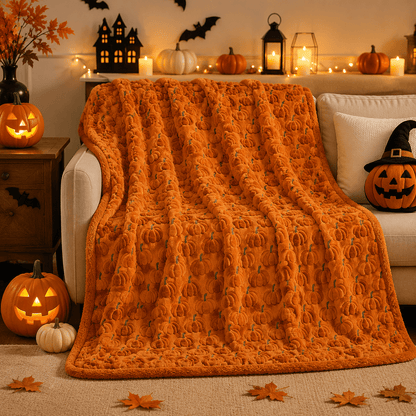 Halloween Faux Fur Throw Blanket with Cute Spooky Embroidery ,60x70 Soft Plush Cute 3D Tufted Ghost Blankets for Couch Sofa Bed, Creamy White Cozy Fall Halloween Decorations Gifts（Pumpkin）