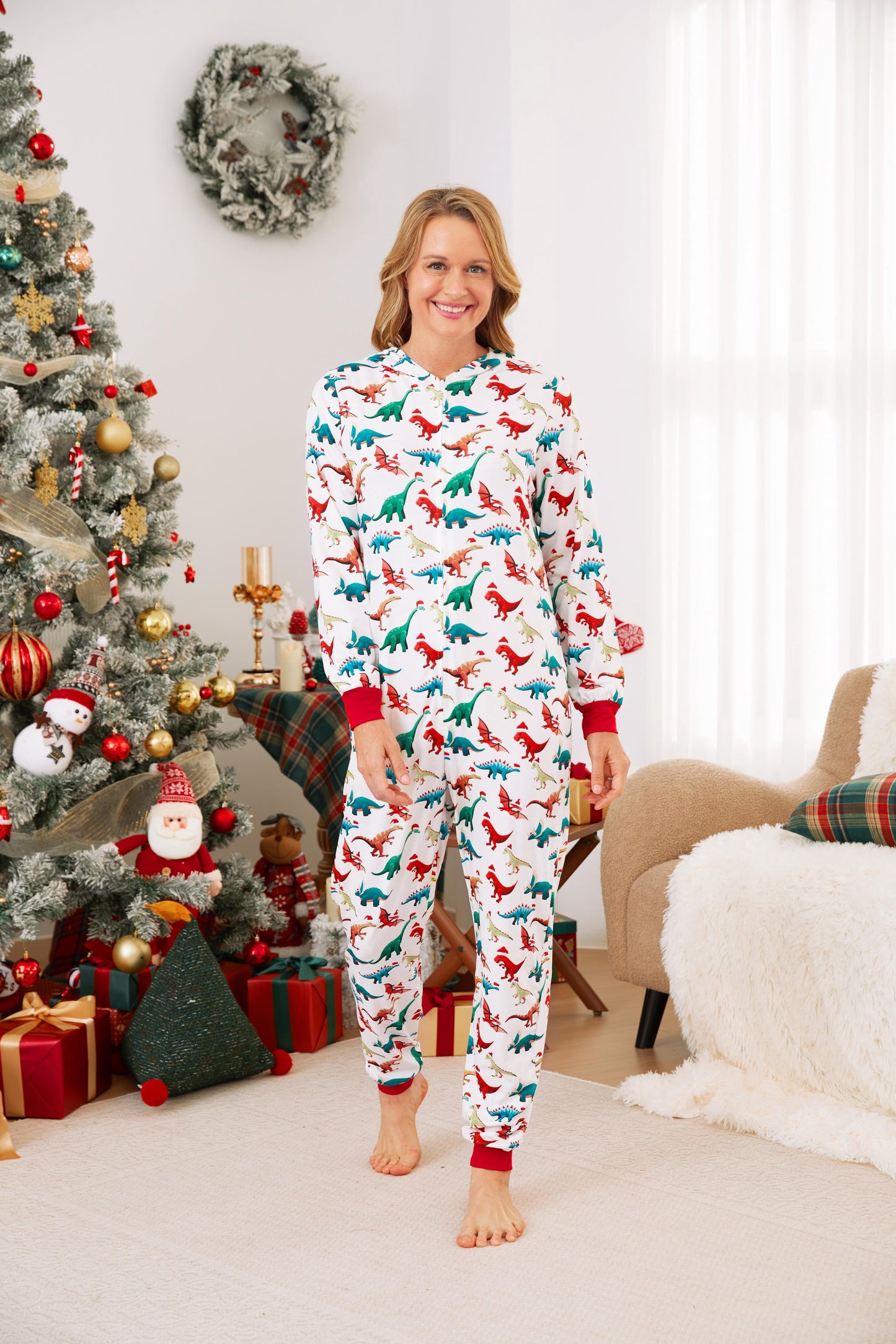 PatPat Christmas Family Matching Pajamas for Women One Piece Long Sleeve Hooded Dinosaur Costume Adult PJs for Couples Holiday Loungewear with Socks Women S