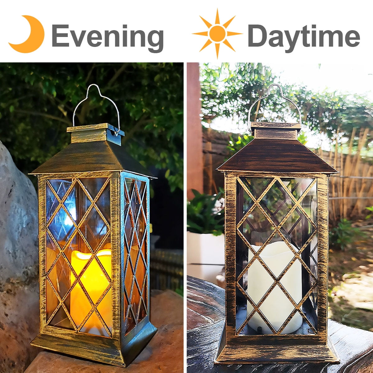GLUAAE 14" Set of 2 Outdoor Solar Candle Lantern Flickering Flameless LED Candle/Plastic Hanging Solar Garden Light/Decorative Lantern For Patio Pathway Deck Christmas Halloween Garden Decor