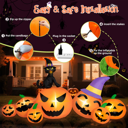 B&D 8FT Long Halloween Inflatables Pumpkin, Blow Up Pumpkins Inflatables with Witch Hat & Black Cat Built-in LED Lights for Halloween Party Yard Garden Lawn Decor