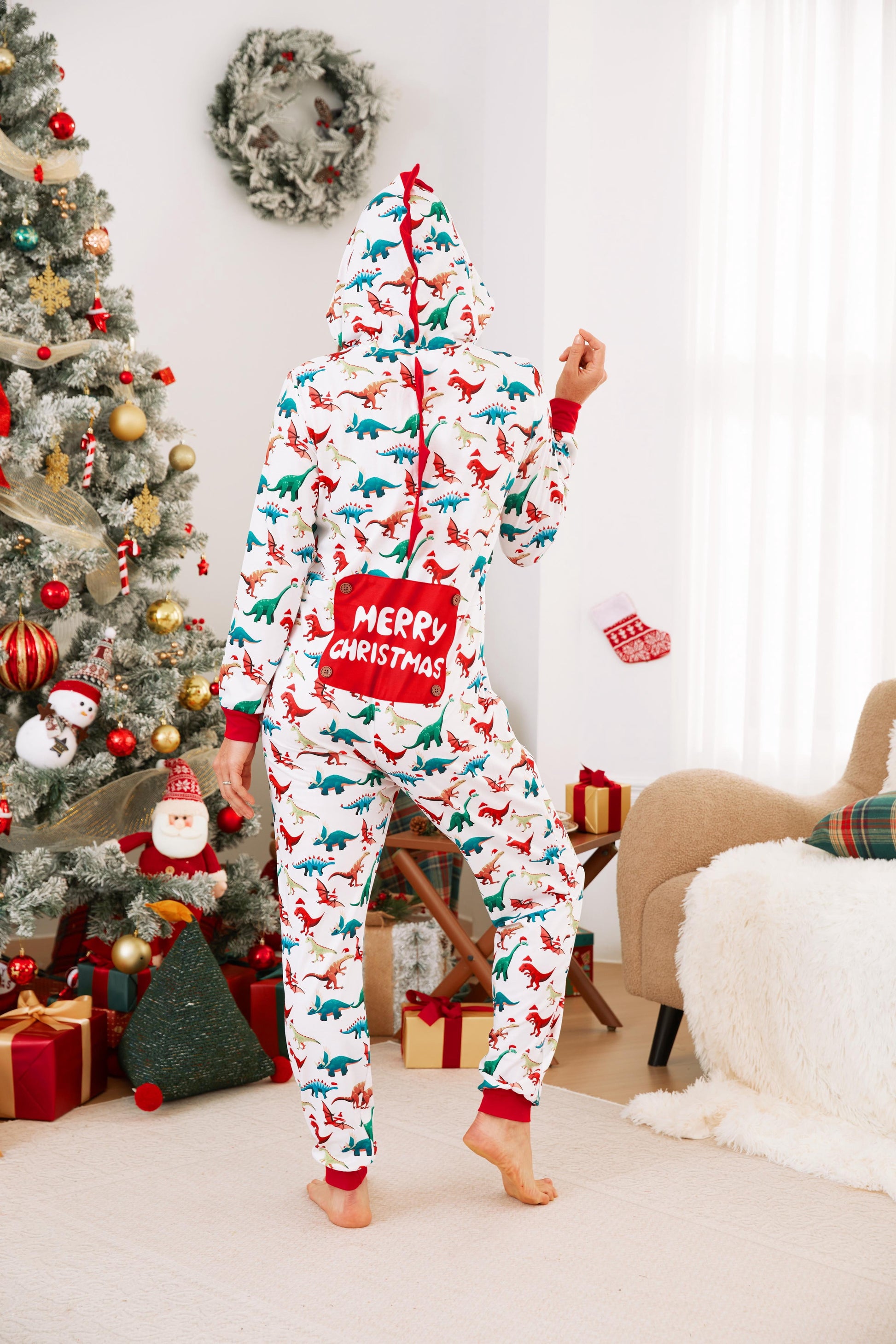 PatPat Christmas Family Matching Pajamas for Women One Piece Long Sleeve Hooded Dinosaur Costume Adult PJs for Couples Holiday Loungewear with Socks Women S