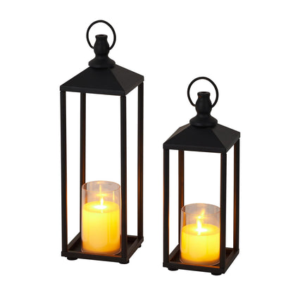 13"+17" Black Candle Lanterns, Metal Decorative Lanterns for Outdoor & Indoor with Flameless LED Candles, Halloween & Christmas Use Modern Patio Porch Garden Floor Decor