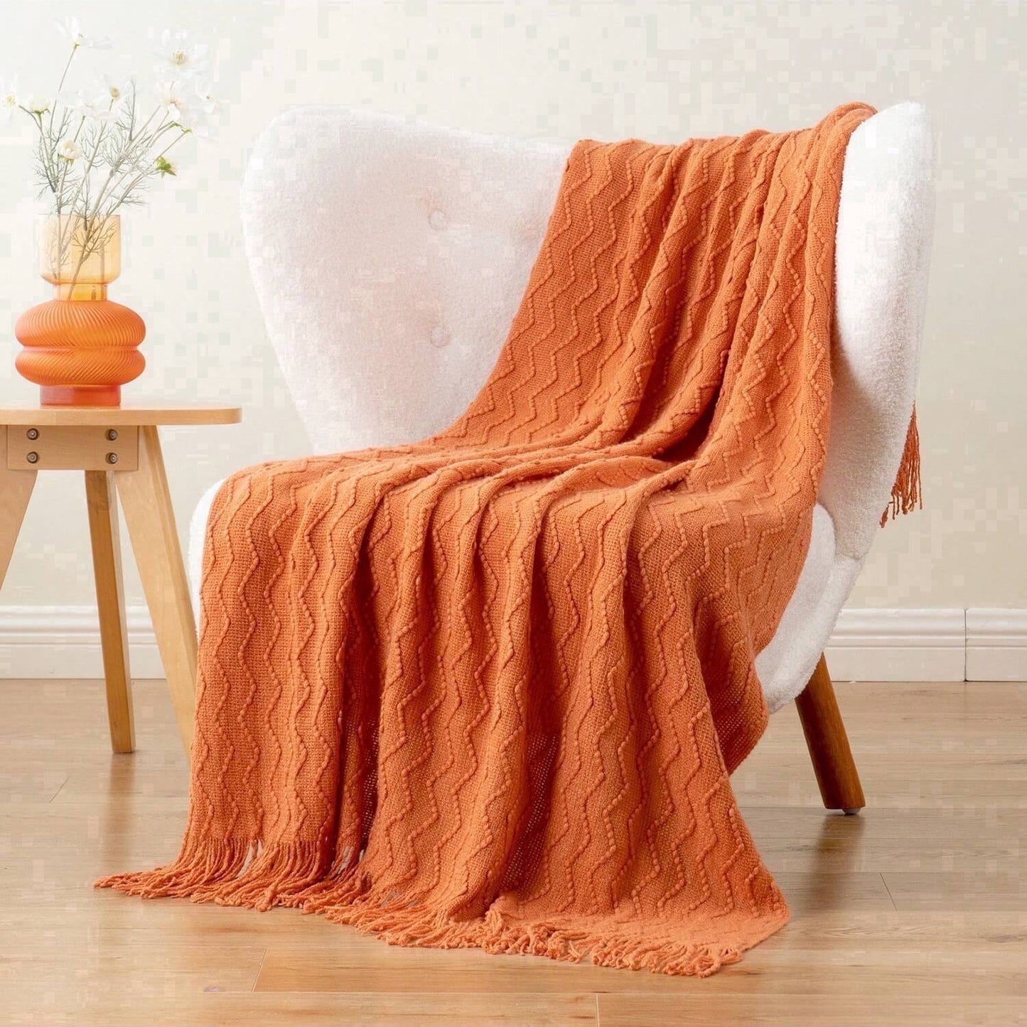 Battilo Burnt Orange Throw Blanket for Couch Bed,Fall Throws with Tassels,Halloween Blanket,50"x60"