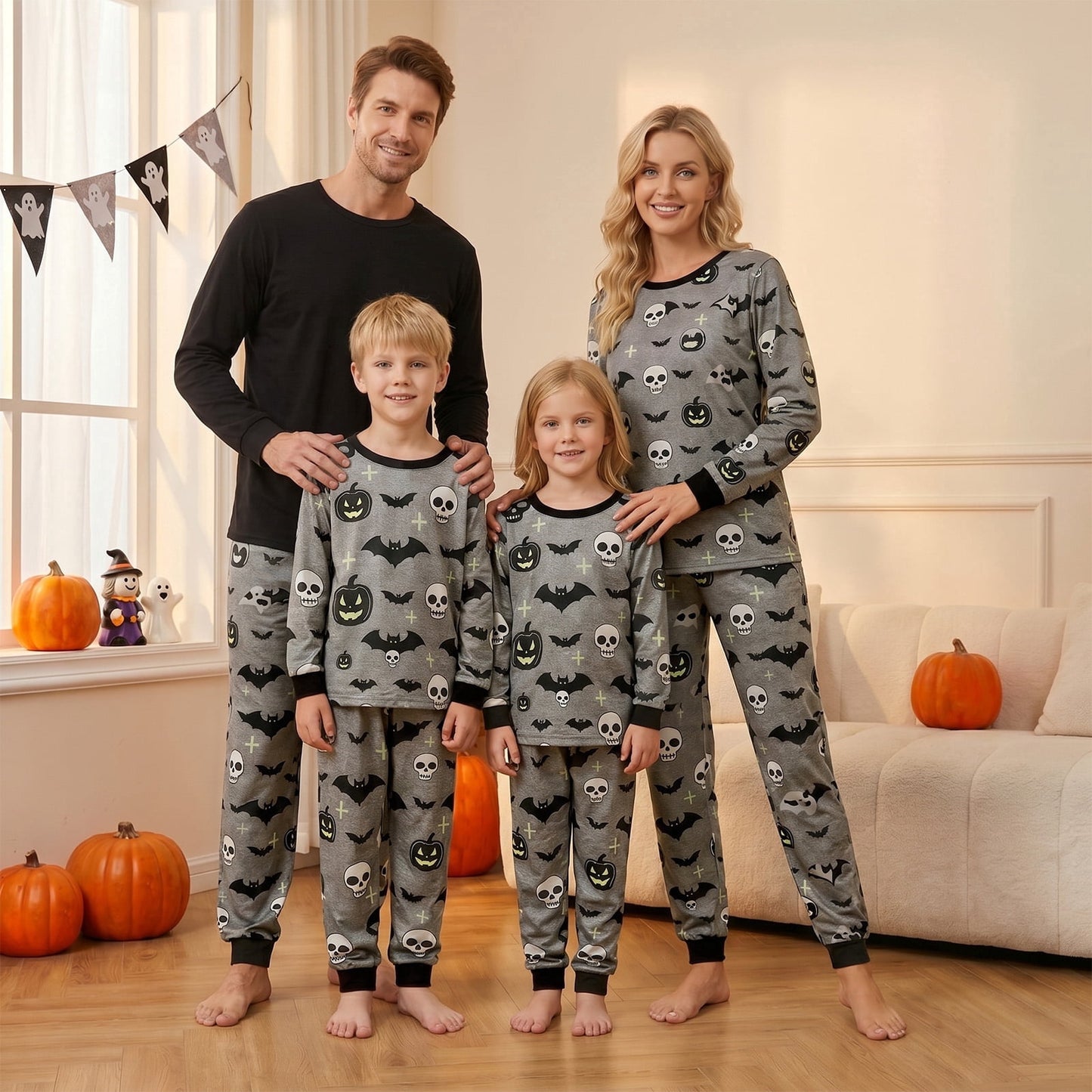 AceBaby Halloween Family Matching Pajamas Set Pumpkin Print Holiday Sleepwear Loungewear PJs