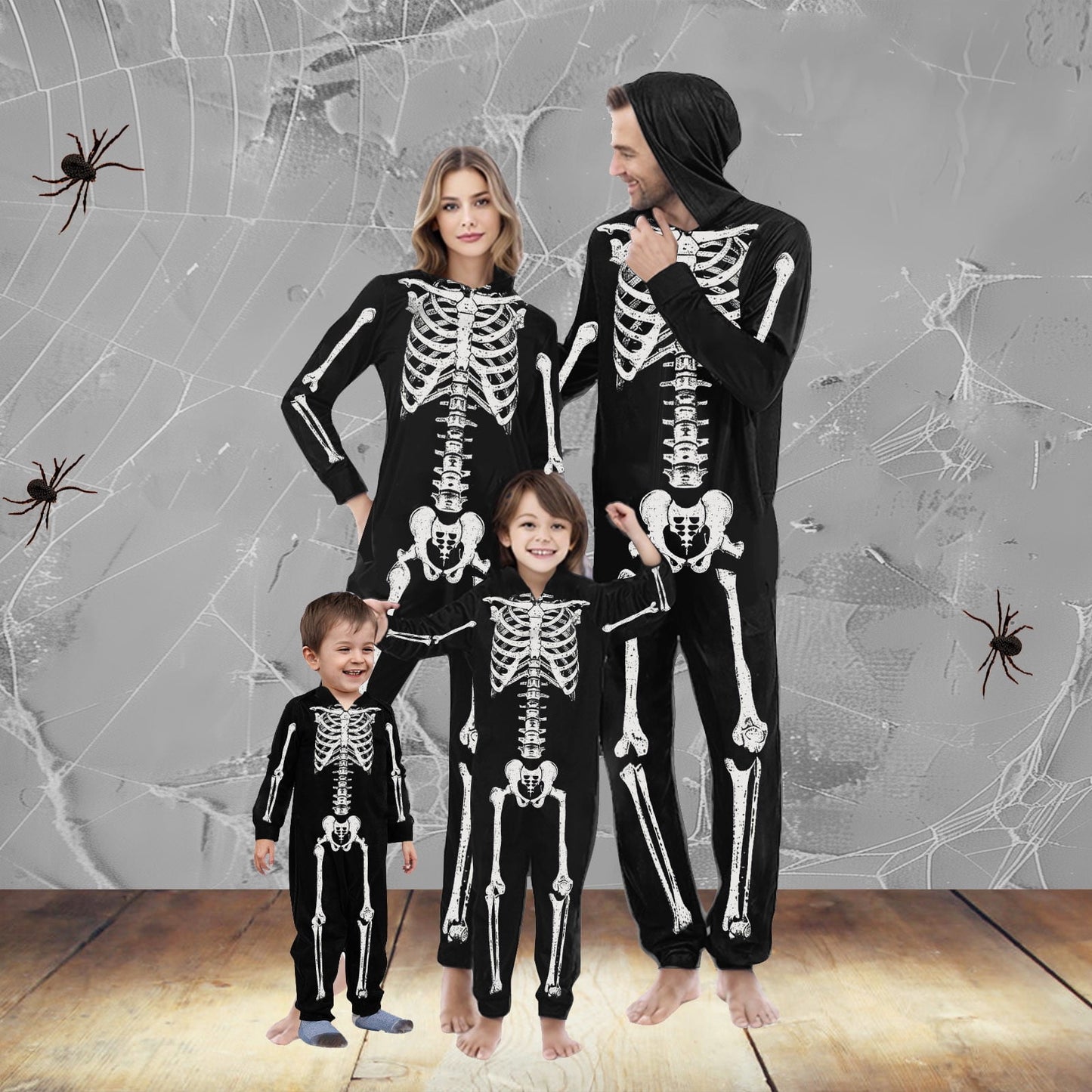 CLOISE Halloween Pajamas Family Set Skeleton One Piece Pajamas for Women Hooded Zip up Pjs Comfort Long Sleeve Holiday Loungewear Funny Halloween Outfits Fall Black M