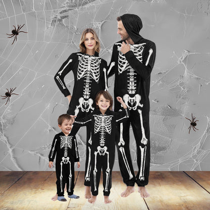 CLOISE Halloween Pajamas Family Set Skeleton One Piece Pajamas for Women Hooded Zip up Pjs Comfort Long Sleeve Holiday Loungewear Funny Halloween Outfits Fall Black M