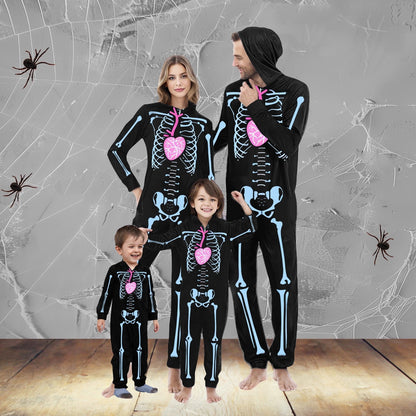 CLOISE Matching Family Pajamas Halloween Skeleton Onesie Pjs for Men Hooded Zip Sleepwear Soft Long Sleeve Loungewear Funny Halloween Clothes Winter Black L