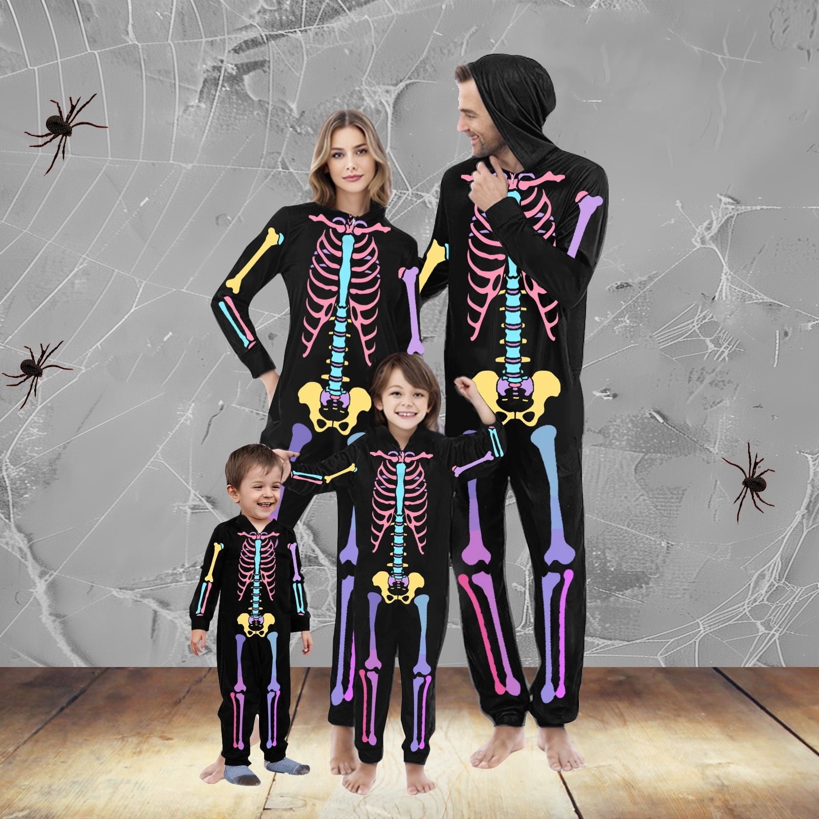 CLOISE Matching Family Pajamas Halloween Skeleton Onesie Pjs for Women Hooded Full-zip Sleepwear Comfortable Long Sleeve Loungewear Funny Halloween Clothes Black 2XL