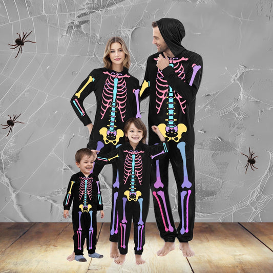 CLOISE Matching Family Pajamas Halloween Skeleton Onesie Pjs for Women Hooded Full-zip Sleepwear Comfortable Long Sleeve Loungewear Funny Halloween Clothes Black 2XL