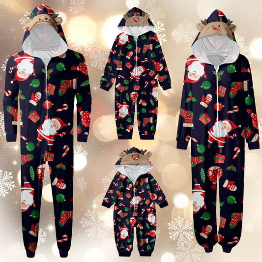 CUZIBR Christmas Family Pajamas Hooded Full Zipper Up Sleepwear Outfits Long Sleeve Cute Snowflake Print One Piece Jumpsuits Loungewear For Mom,Navy,M