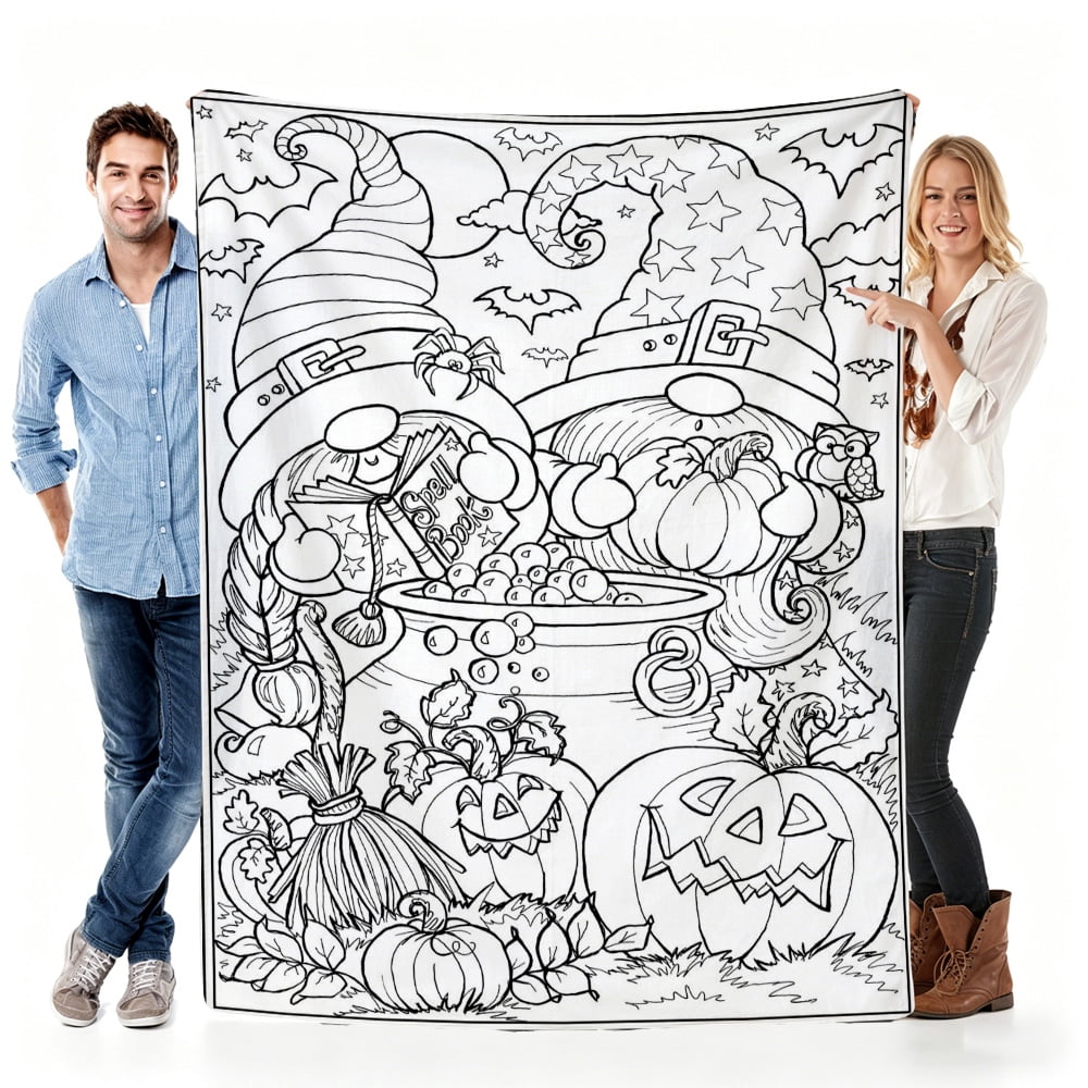 Coloring Fun Throw Blanket Gift for Kids, Halloween Pumpkin and Gnome Pattern Cozy Blanket for Fall Decor, Birthday Present, Soft Lightweight Blanket for Sofa Bed Couch Daily Use 50x60in（siz