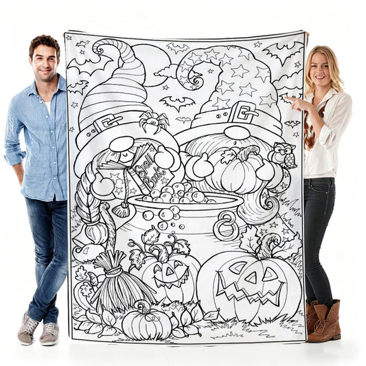 Coloring Fun Throw Blanket Gift for Kids, Halloween Pumpkin and Gnome Pattern Cozy Blanket for Fall Decor, Birthday Present, Soft Lightweight Blanket for Sofa Bed Couch Daily Use 50x60in（siz