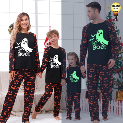 DAKIMOE Halloween Pajamas Family Matching Glow In The Dark Halloween Print Long Sleeve PJs Set Outfits 2 Pieces Cotton Loungewear Sleepwear for Adult Men Women Kids Toddler, Ghost, Mom-M
