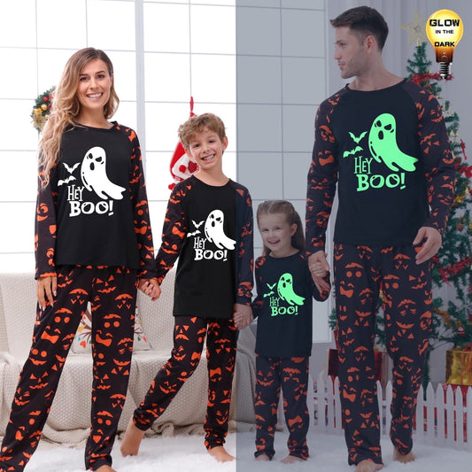 DAKIMOE Halloween Pajamas Family Matching Glow In The Dark Halloween Print Long Sleeve PJs Set Outfits 2 Pieces Cotton Loungewear Sleepwear for Adult Men Women Kids Toddler, Ghost, Mom-M