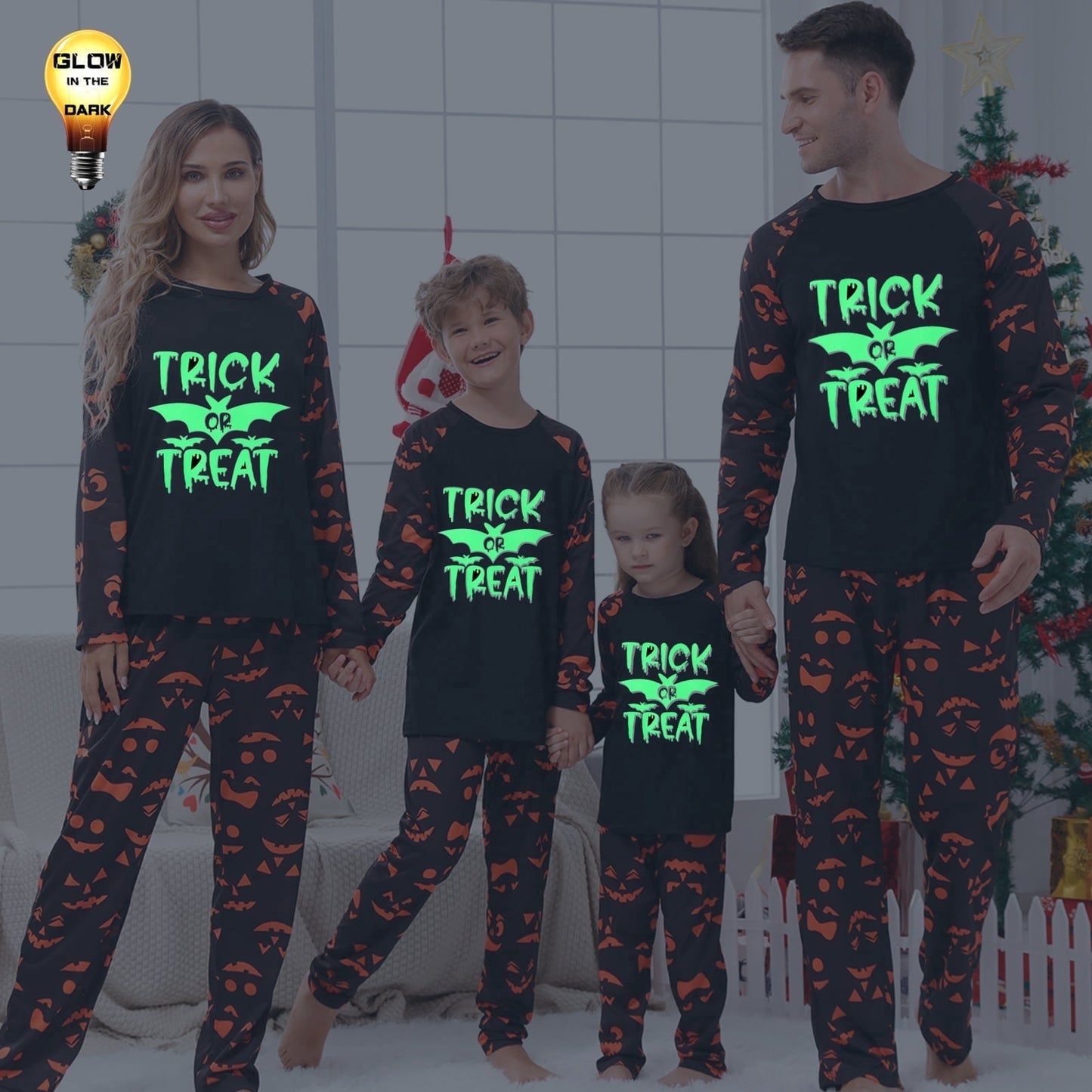 Spooky Home Halloween Pajamas Family Matching Glow In The Dark Halloween Print Long Sleeve
