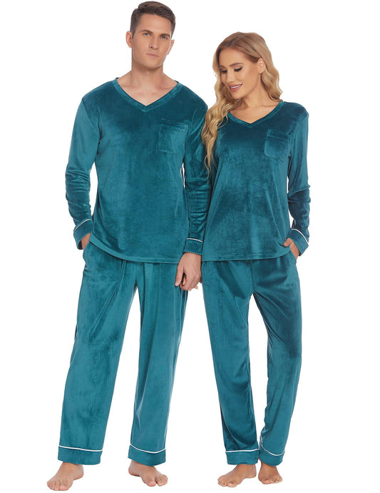 Ekouaer Couples Matching Pajamas Sets Velvet PJs Set for Men and Women Velour Long Sleeve Sleepwear