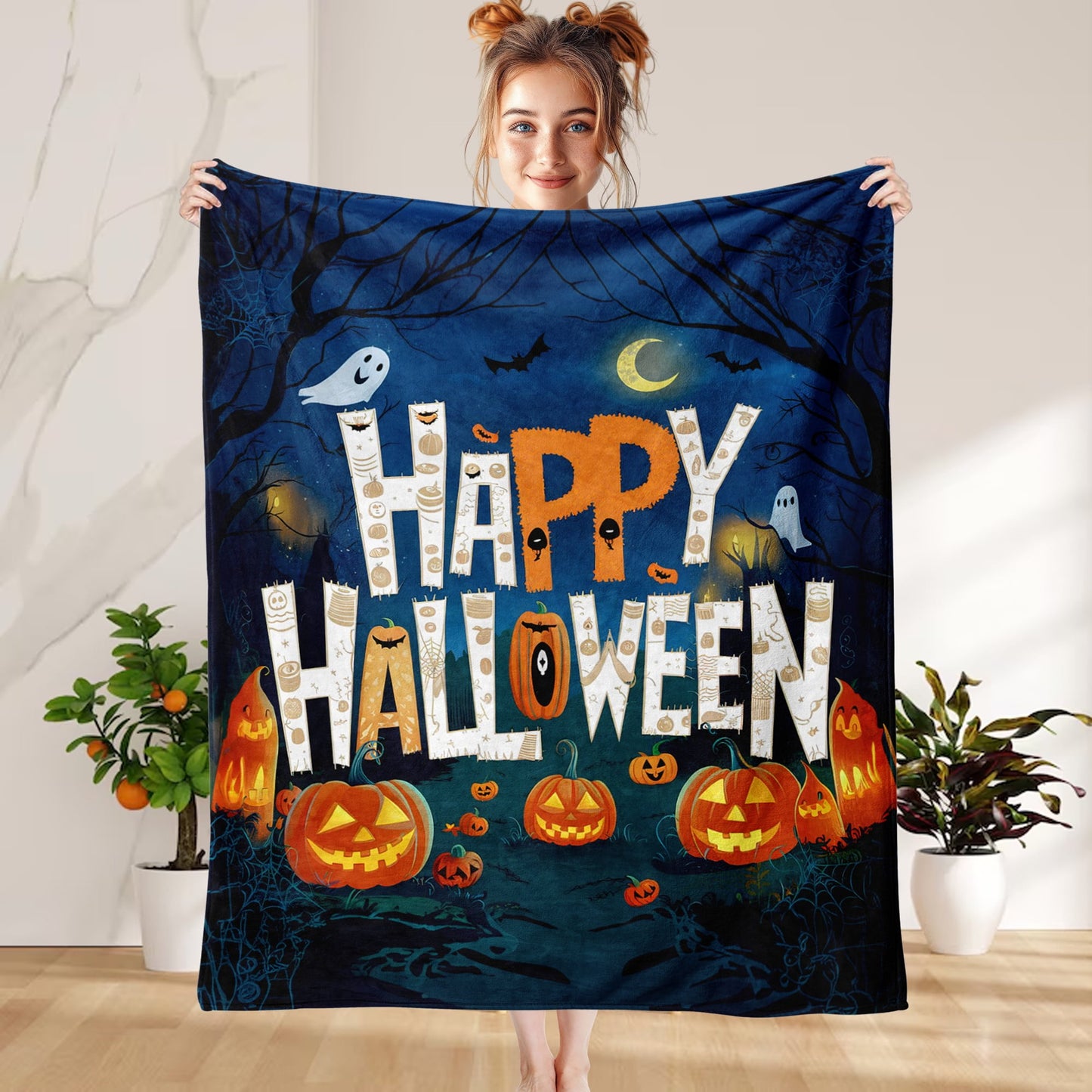 Fun Printed Halloween Throw Blanket, Soft Warm Cozy Flannel Blanket for Bedroom, Living Rooms, Couch,Sofa, Home Decor, 50 x 60 in