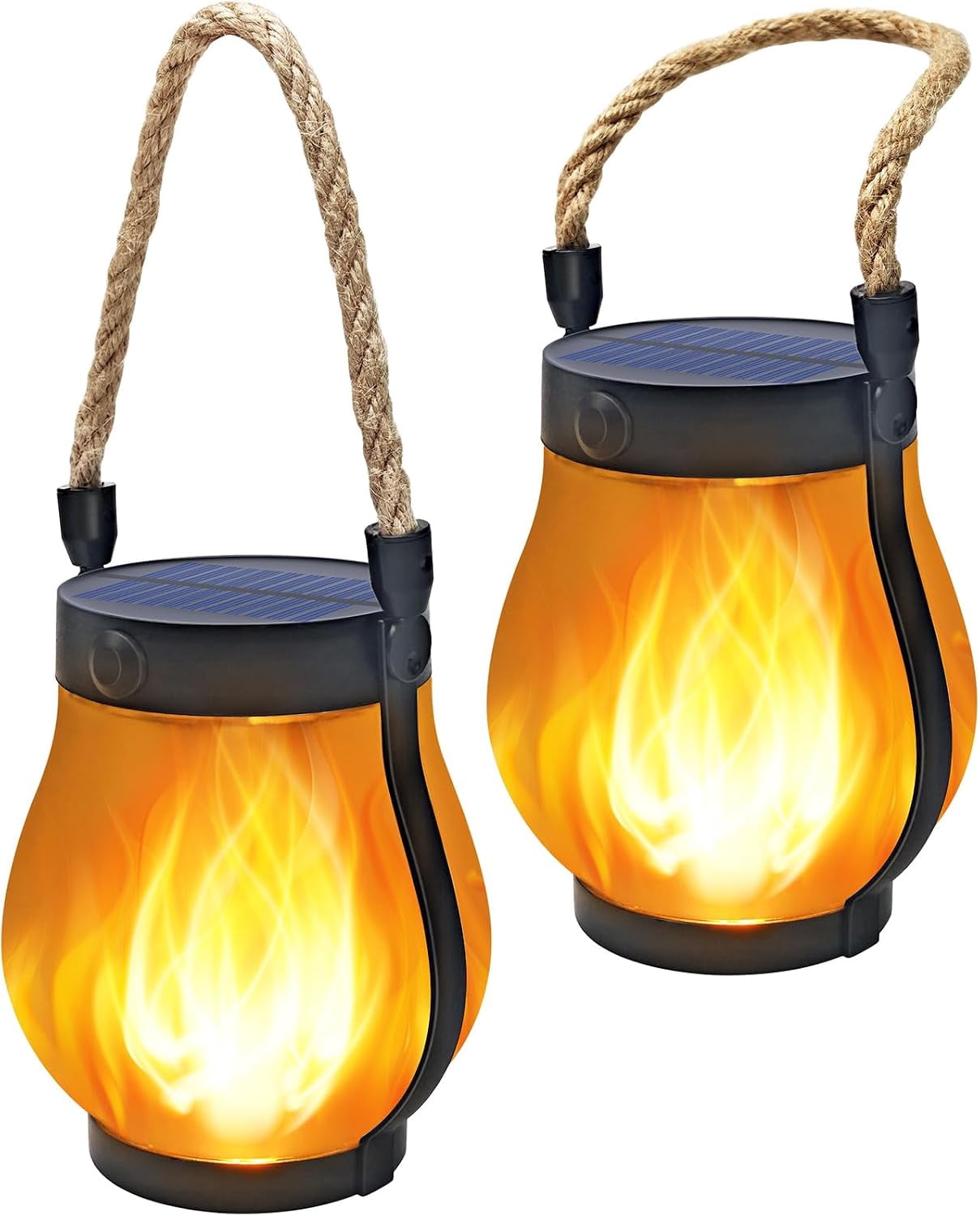 Gkcity Solar Lanterns Outdoor with Ultra-Real Flame, Dual Charging (USB/Solar), 2 Modes & Outdoor Waterproof Design, Decorative Hanging/Table Lights for Yard Patio Garden, Halloween Camp Gear, 2 Pack