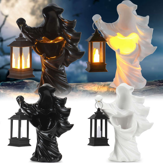 Gustave 2 Pack Halloween Hell Messenger Lantern Faceless Witch Resin Sculpture with LED Lantern Scary Ghost Statue Candle Light for Home Party Decoration "Black & White"