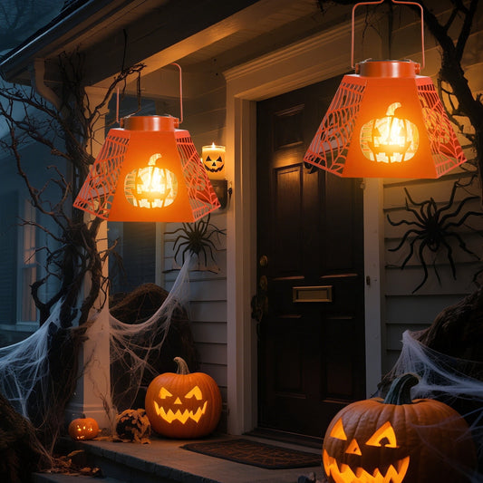 2PCS Halloween Pumpkin & Spider - Web Solar Lantern – Orange Metal Cutout Design with Jack - o'- Lantern Motifs, Solar - Powered LED Light for Garden, Patio & Festive Decor,2 PACK