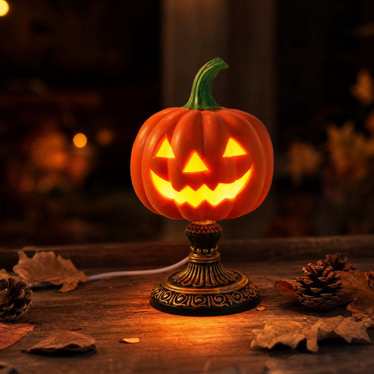 Halloween Pumpkin Table Lamp 7.6 Inch, Jack O Lantern Nightlight, Vintage Resin Base Light, Spooky Cute Room Decor Accent