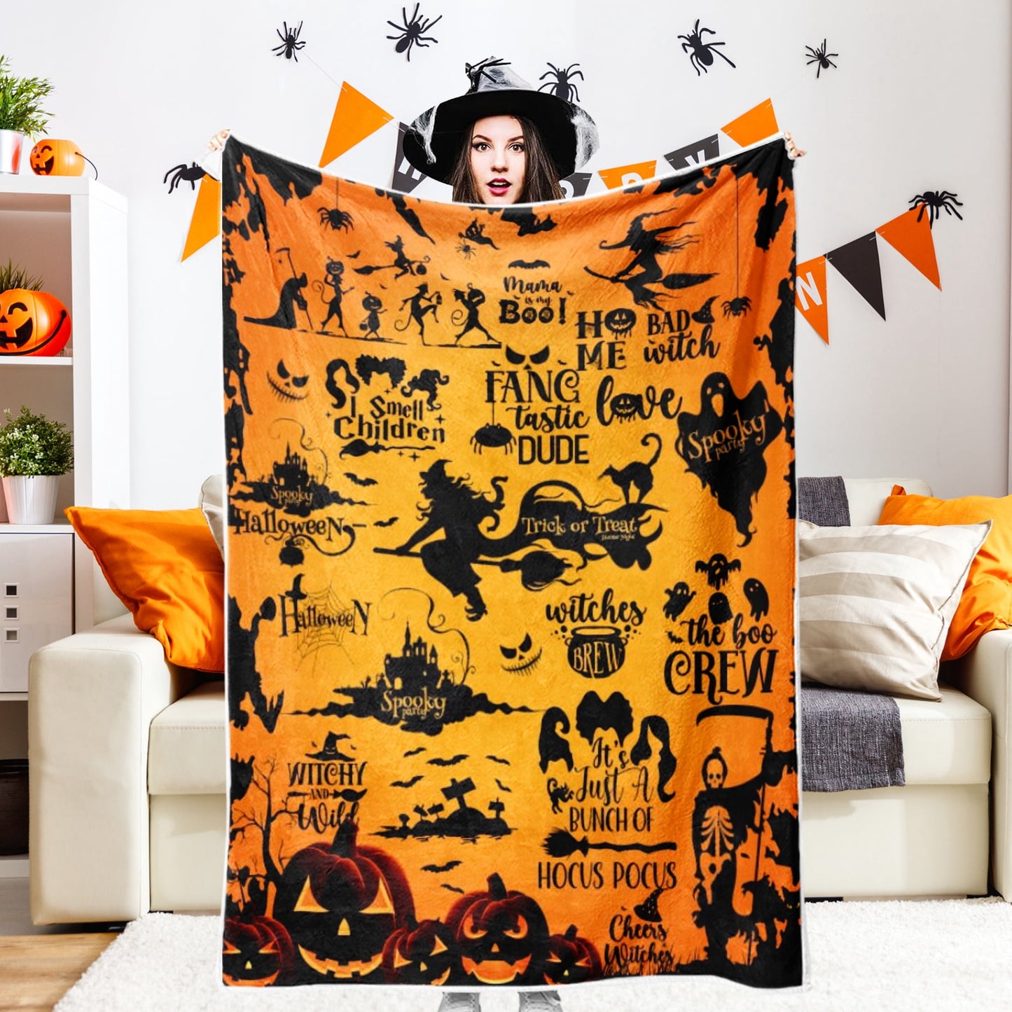 Spooky Home Halloween Throw Blanket, Pink Cute Spooky Ghost Pumpkin Bat Cozy Soft Blanket