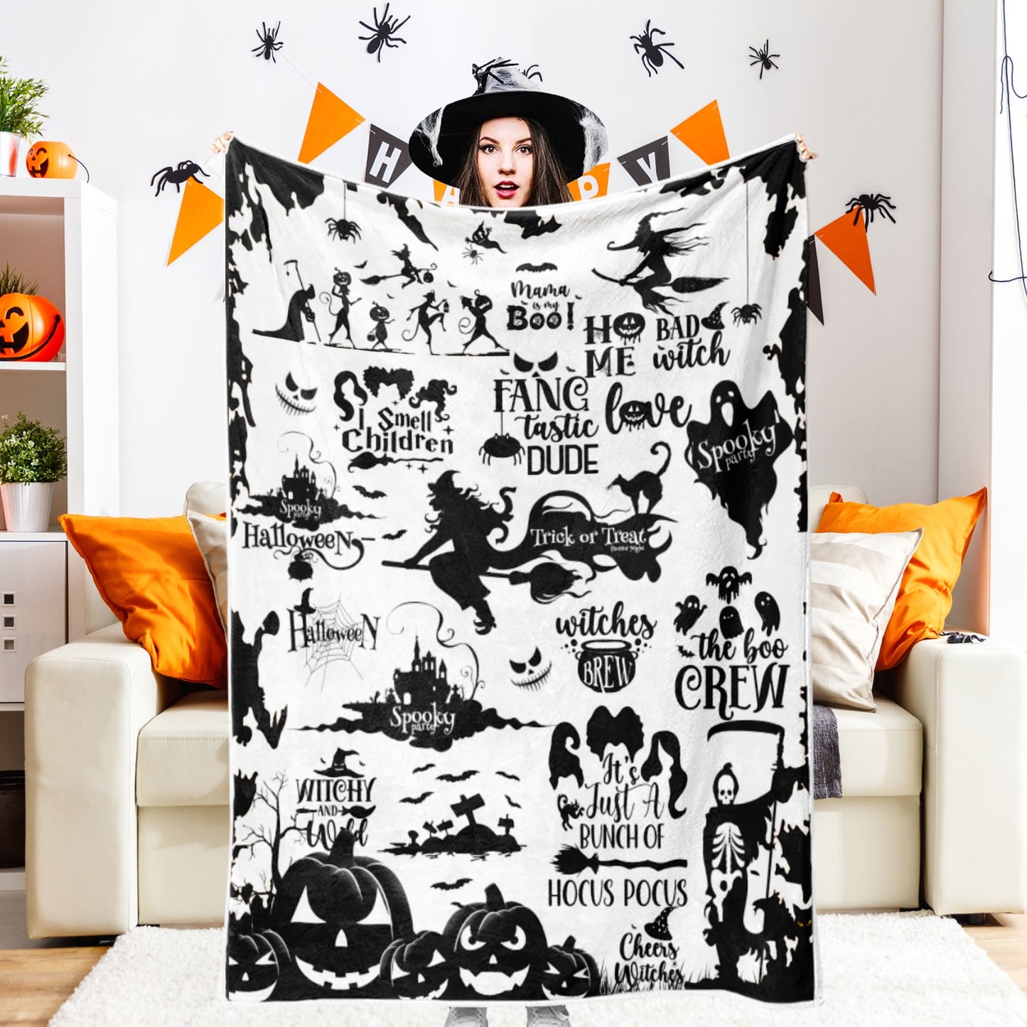 Spooky Home Halloween Throw Blanket, Pink Cute Spooky Ghost Pumpkin Bat Cozy Soft Blanket