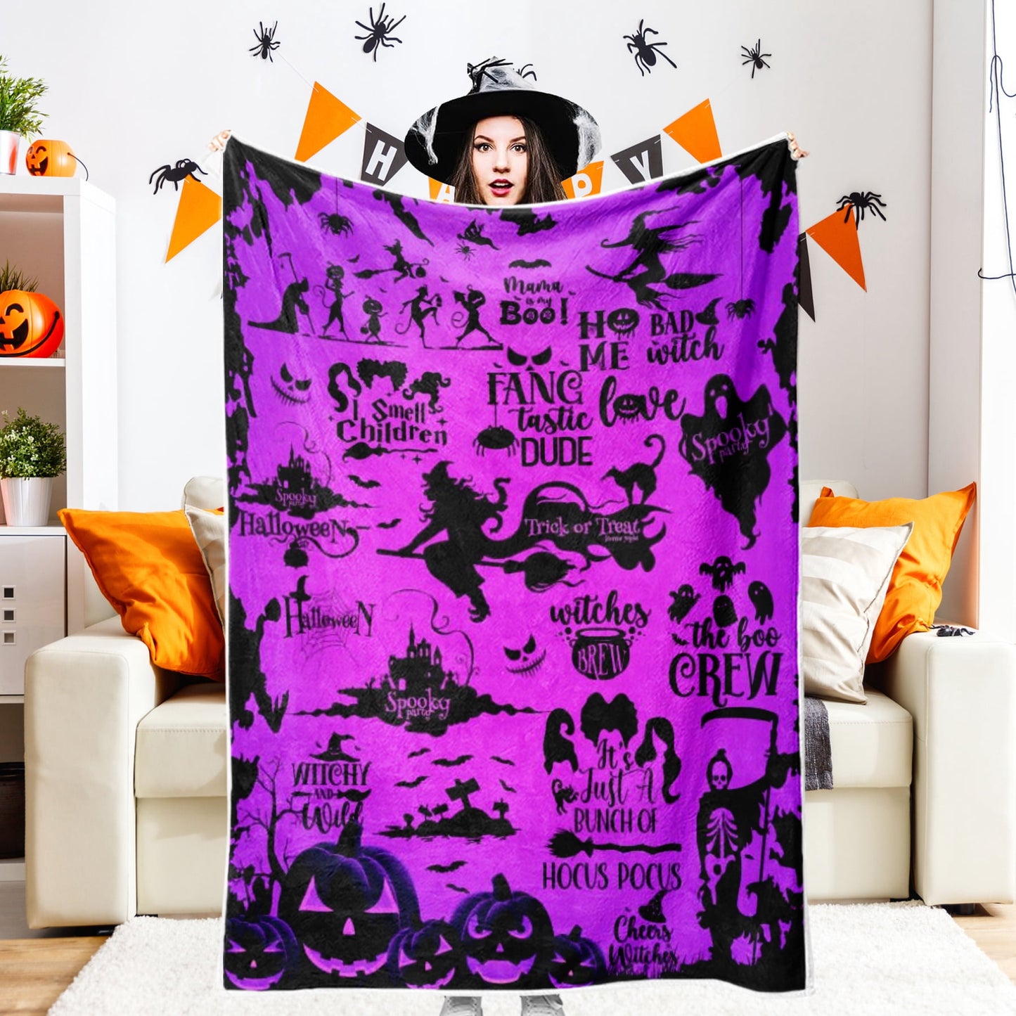 Spooky Home Halloween Throw Blanket, Pink Cute Spooky Ghost Pumpkin Bat Cozy Soft Blanket