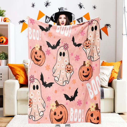 Halloween Throw Blanket, Pink Cute Spooky Ghost Pumpkin Bat Cozy Soft Blanket, Funny Pink Halloween Boo Flannel Baby Throw and Blankets Couch Sofa Bed Decor 50X60IN