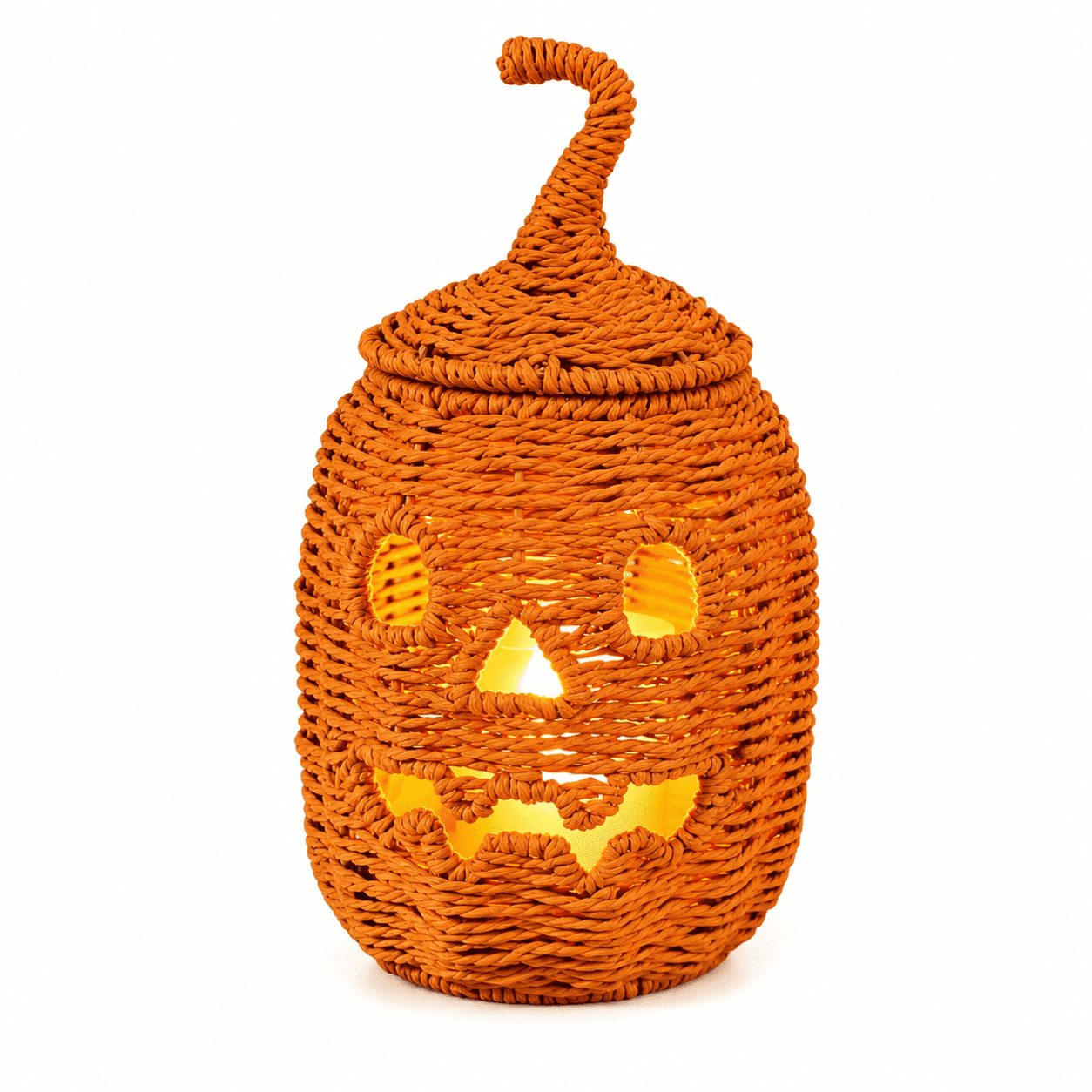 Spooky Home Halloween Woven Pumpkin Jack-O'-Lantern with LED Candle, Hand-Woven Rattan