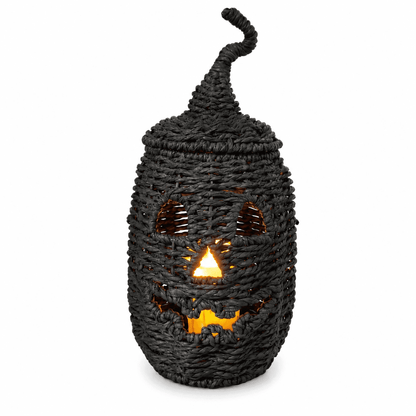 Halloween Woven Pumpkin Jack-O'-Lantern with LED Candle, Hand-Woven Rattan Fall Pumpkin Lantern Decor for Home Tabletop, Mantel, Spooky Haunted House Party Supplies Halloween Decorations Gifts