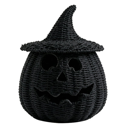 Spooky Home Halloween Woven Pumpkin Jack-O'-Lantern with LED Candle, Hand-Woven Rattan
