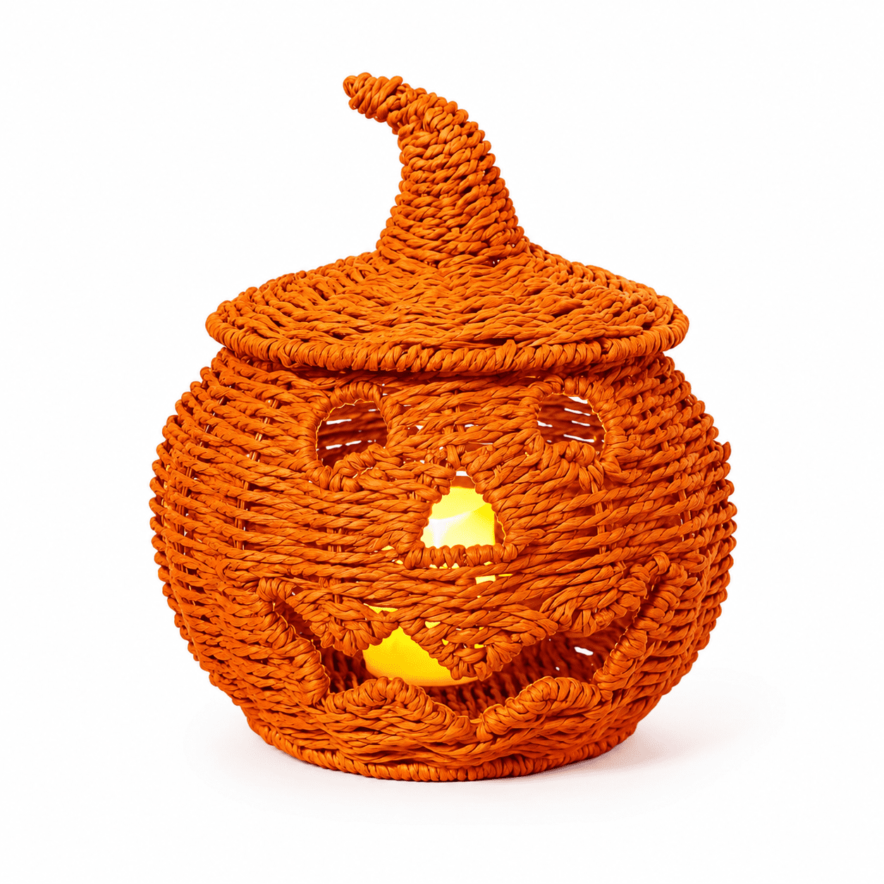 Spooky Home Halloween Woven Pumpkin Jack-O'-Lantern with LED Candle, Hand-Woven Rattan