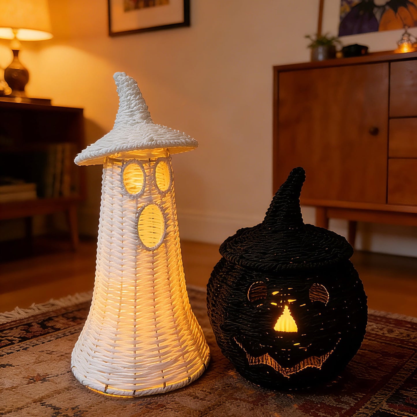 Spooky Home Halloween Woven Pumpkin Jack-O'-Lantern with LED Candle, Hand-Woven Rattan
