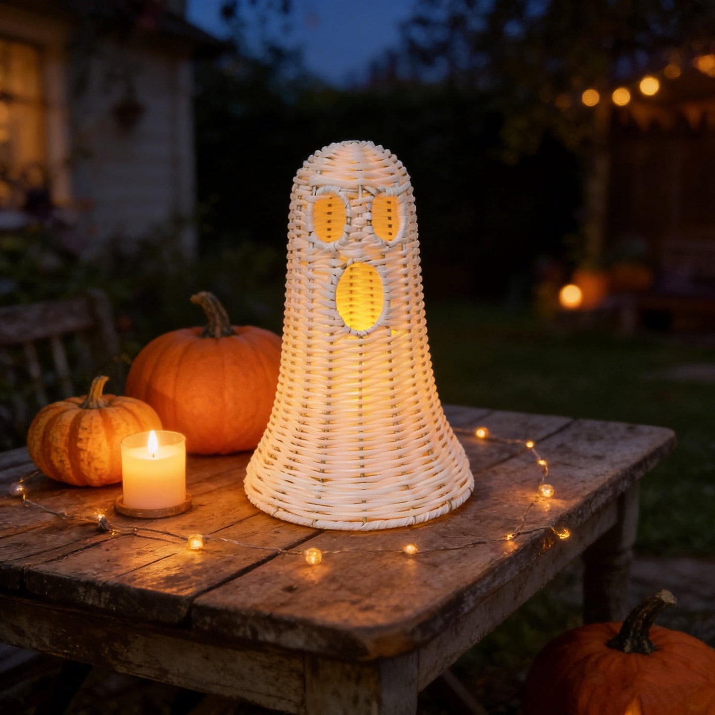 Spooky Home Halloween Woven Pumpkin Jack-O'-Lantern with LED Candle, Hand-Woven Rattan