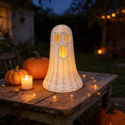 Spooky Home Halloween Woven Pumpkin Jack-O'-Lantern with LED Candle, Hand-Woven Rattan