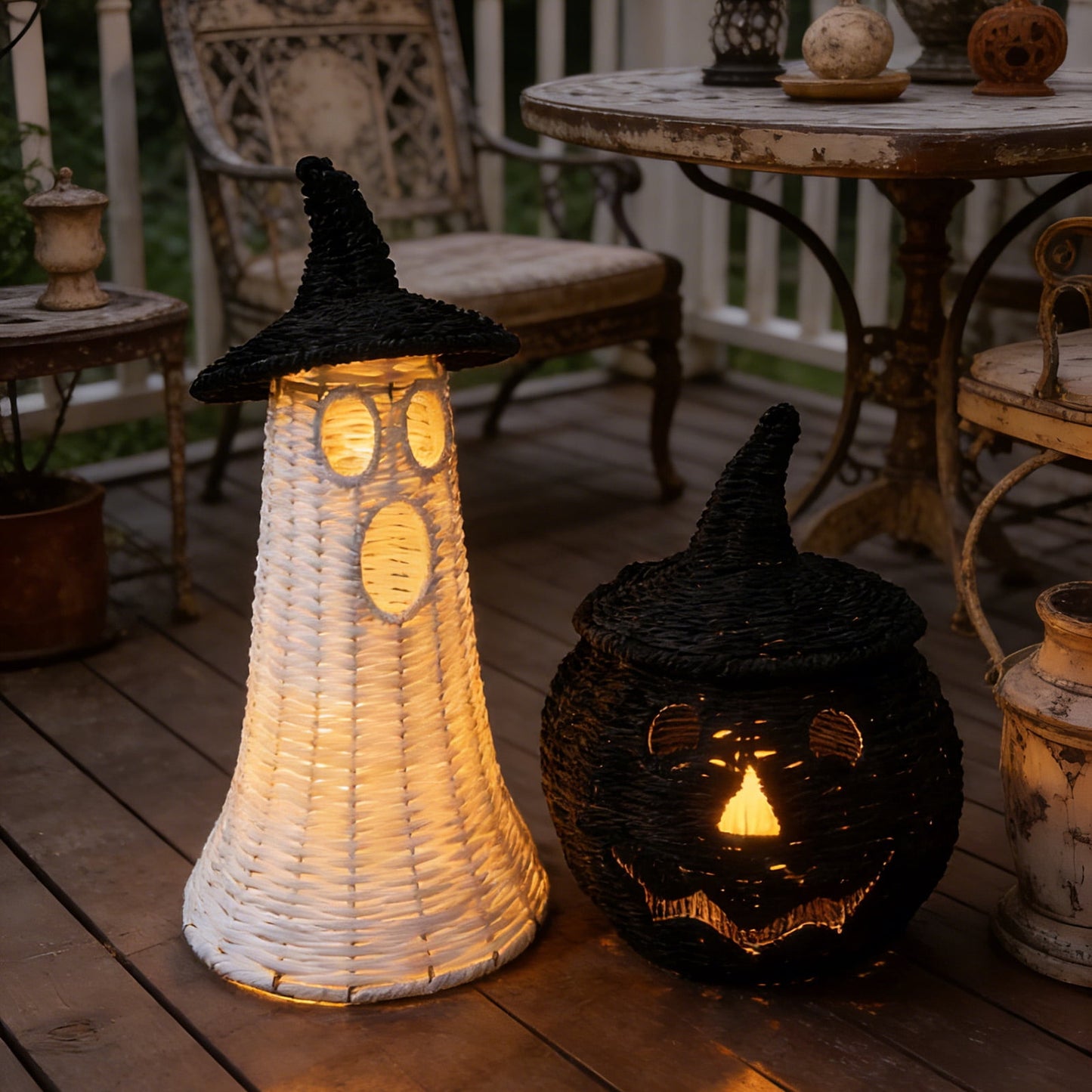 Spooky Home Halloween Woven Pumpkin Jack-O'-Lantern with LED Candle, Hand-Woven Rattan