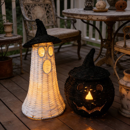 Spooky Home Halloween Woven Pumpkin Jack-O'-Lantern with LED Candle, Hand-Woven Rattan