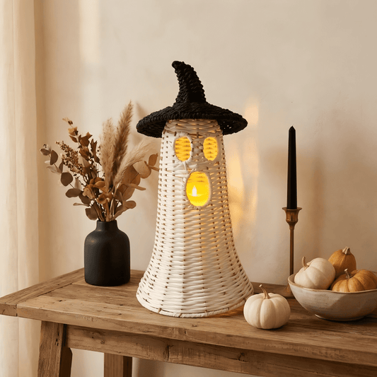 Handwoven Wicker Ghost with Detachable Witch Hat Lid - Rustic Rattan Style Spooky Lantern Centerpiece Halloween Decoration, Dark Botanical & Farmhouse Tabletop Mantle Decor, 13.78", Black & White