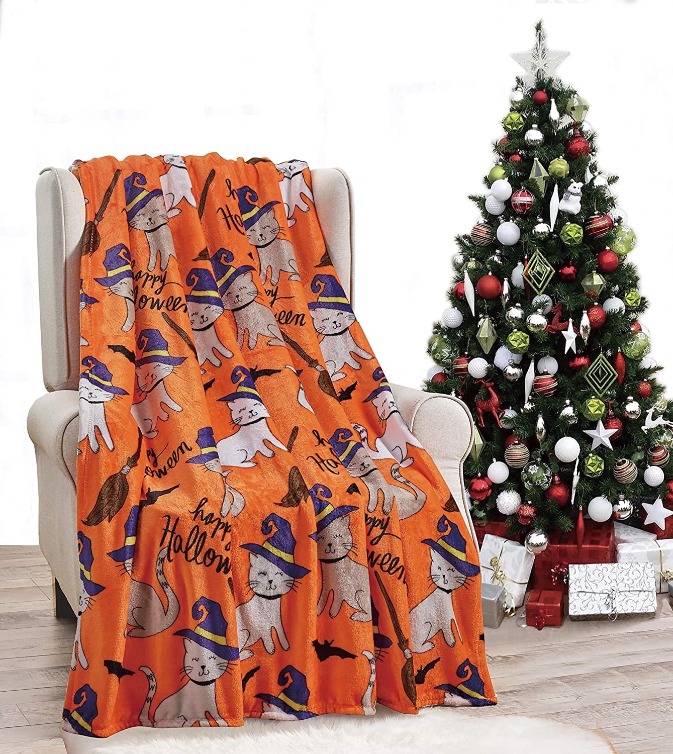 Holiday Blanket, Printed Soft Plush Throw, Fun Halloween Theme, Home Décor Fuzzy Warm & Cozy, for Bedding, Couch & Gift, 50” x 60” - Halloween Cats