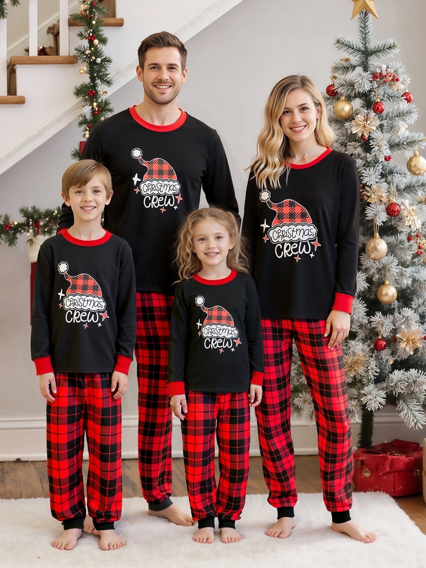 Jaweiwi Christmas Family Pajamas Matching Set, Letters Print Long Sleeve Tops with Plaid Pants Sleepwear Loungewear