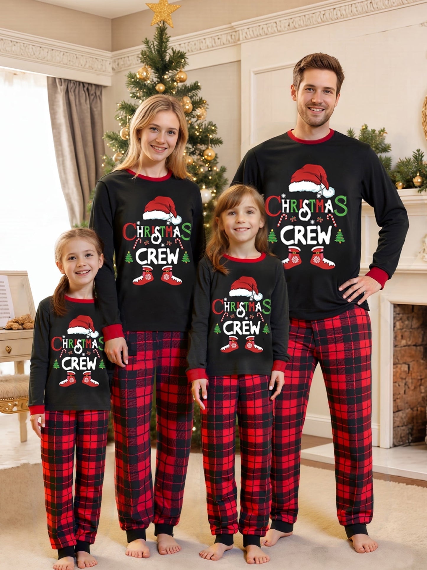 Spooky Home Christmas Family Pajamas Matching Set, Letters Print Long Sleeve Tops with