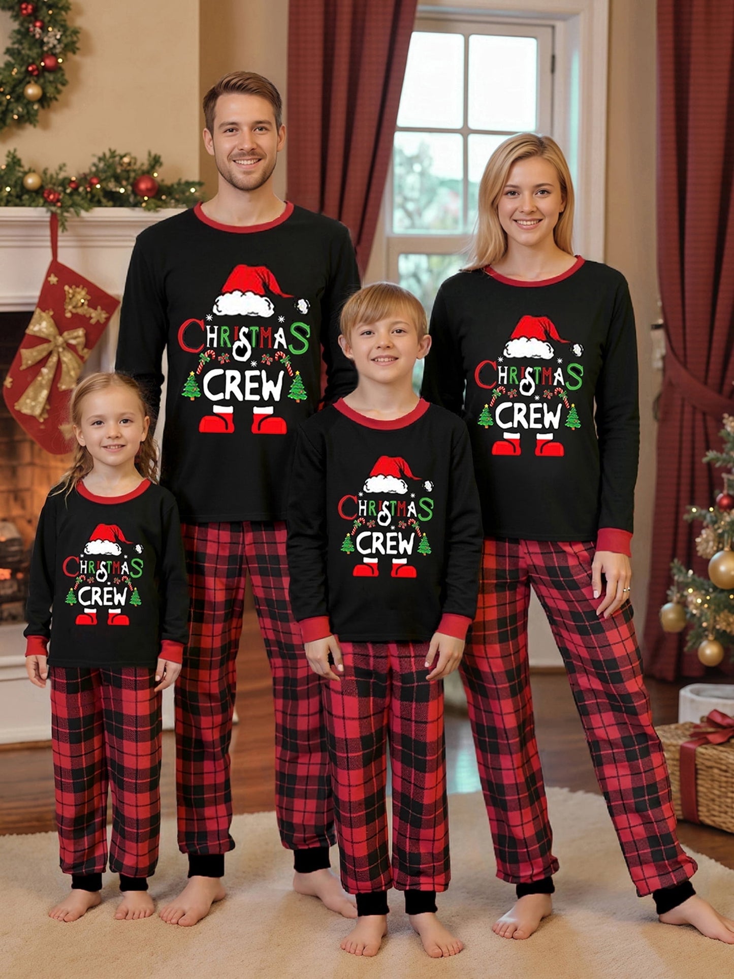 Spooky Home Christmas Family Pajamas Matching Set, Letters Print Long Sleeve Tops with