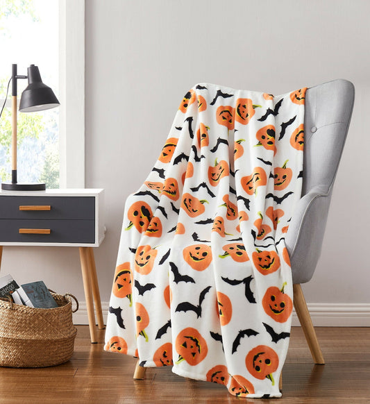 Kate Aurora Halloween Pumpkins Bats Rustic Orange & White Ultra Soft & Plush Throw Blankets