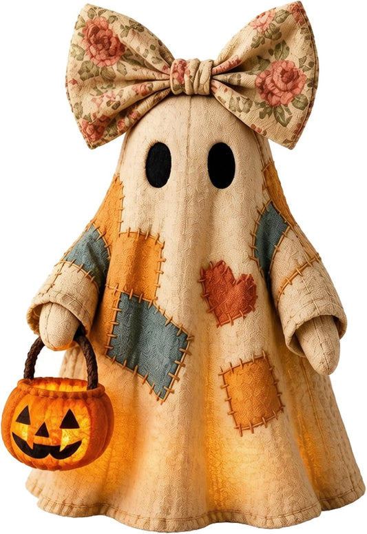Lighted Vintage Patchwork Ghost, Light Up Ghost with Pumpkin Lantern Halloween Decor, 2026 Vintage Halloween Patchwork Ghosts Lamp